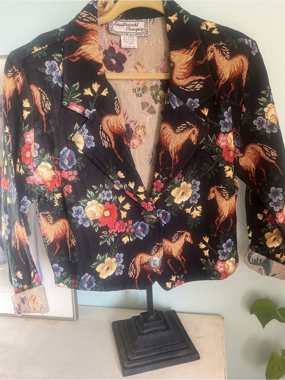 Vintage Southwest Canyon Horse Floral Tapestry Western Cropped Blazer Jacket L